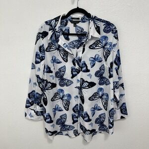 Paige Investments Blouse Popover Top S Blue Butterfly Summer Spring Party V Neck